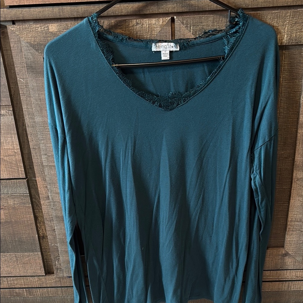 Teal Lace Trim V-Neck Top